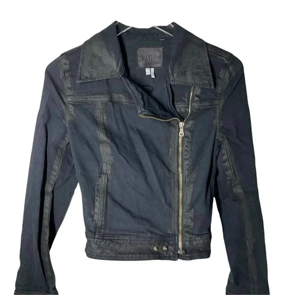 PAIGE size small black denim biker moto jacket zip front jeans - Picture 7 of 7